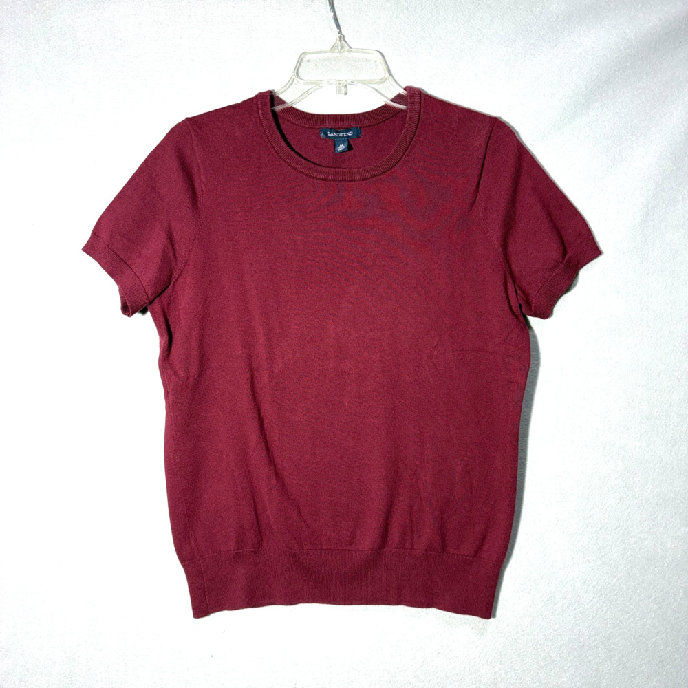 Lands End Sweater Womens M 10-12 Burgundy Maroon Short Sleeve Fine Knit Crew